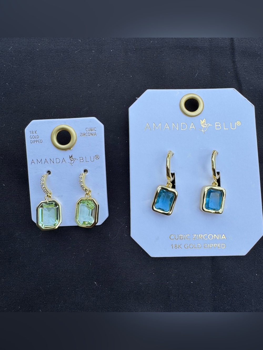Amanda Blu Lot Of 2 18K Gold Dipped CZ Dangle Hoop Earrings Blue & Green NWT